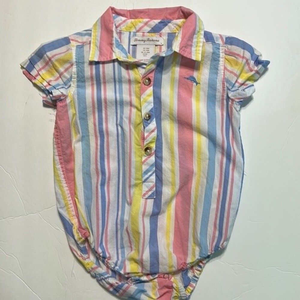 TOMMY BAHAMA Size 18 Month Pink Yellow White Blue Stripe One Piece Collared